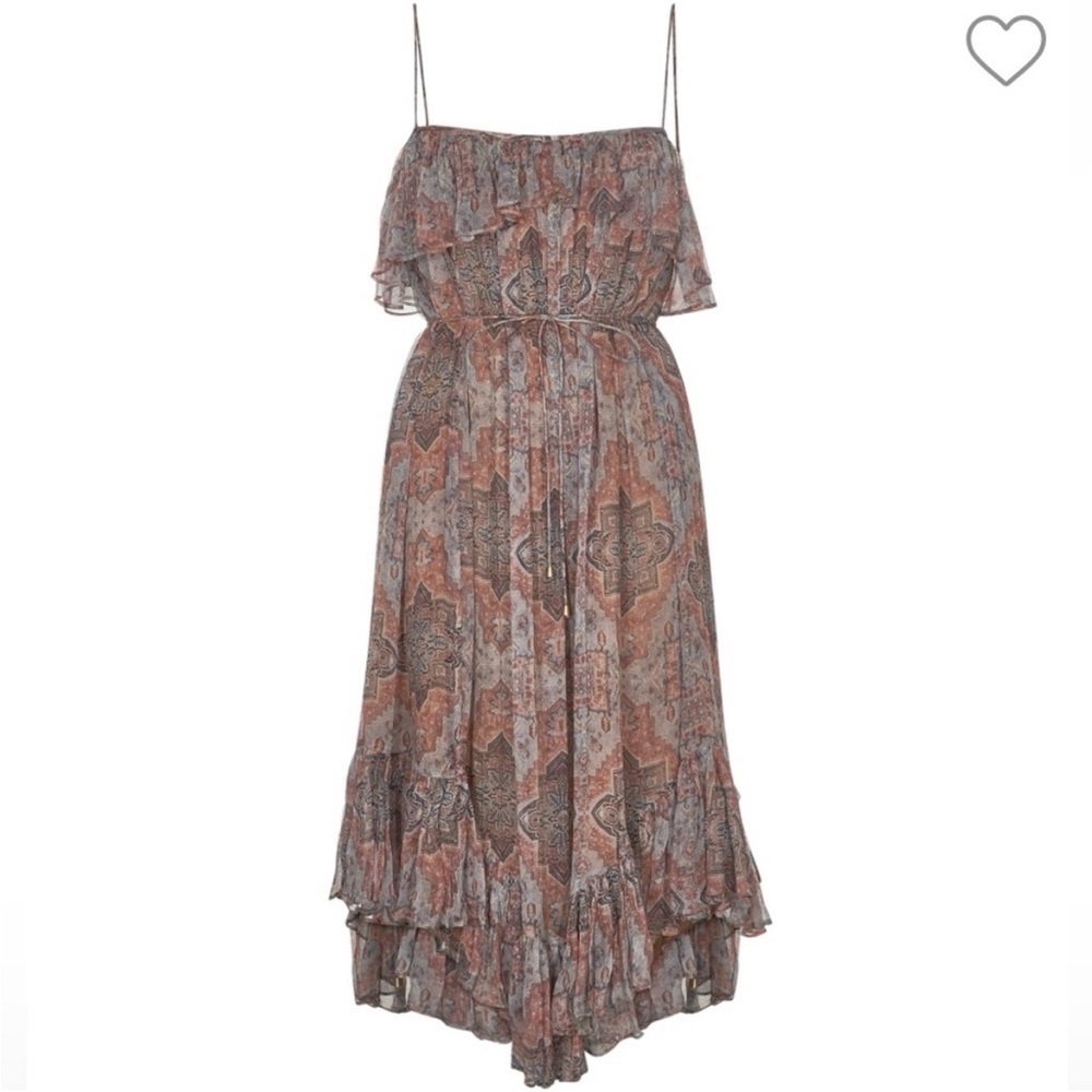 100% Silk Zimmermann Dress - Pleated Chiffon Ruffle Dress Boho Pink and Gray